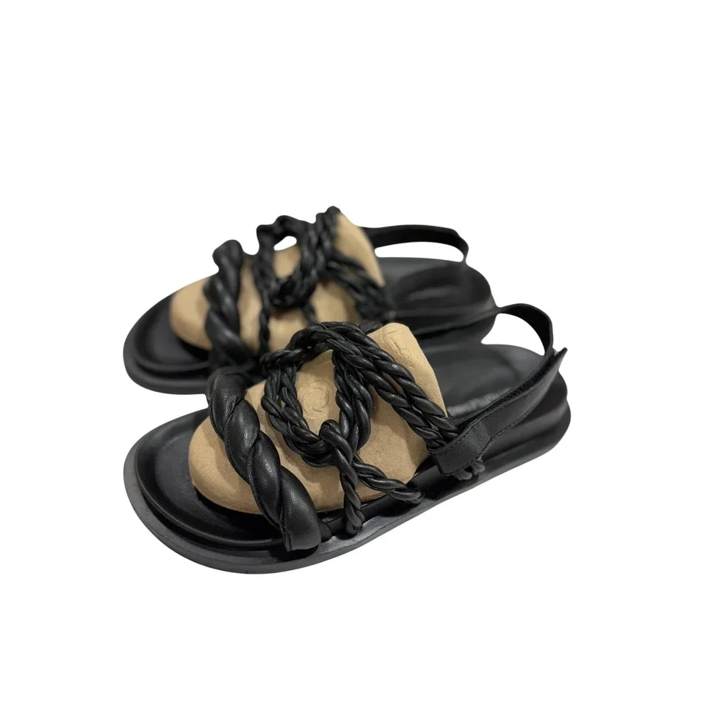 PrettyLittleThing 8 Blk Leather‎ Strappy Chunky Sandals Retro Grunge Y2K Beach